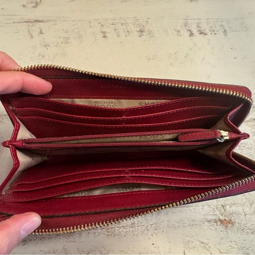 Michael Kors Saffiano Leather Zip-Around Wallet – Raspberry Red